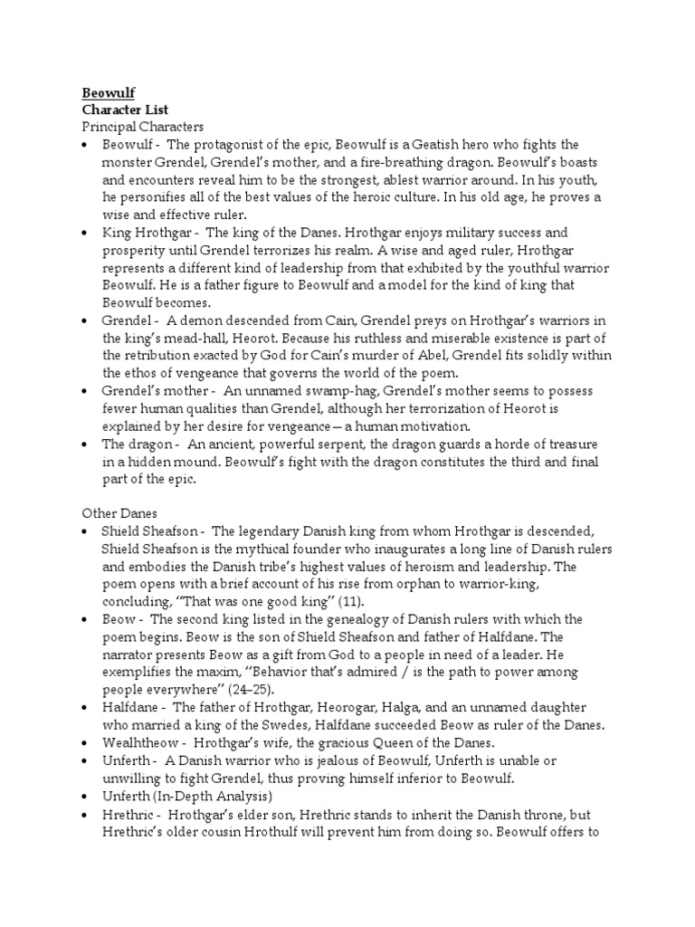 Beowulf Character List PDF Beowulf Germanic Paganism