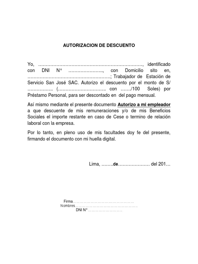 Autorizacion de Descuento - Modelo | PDF