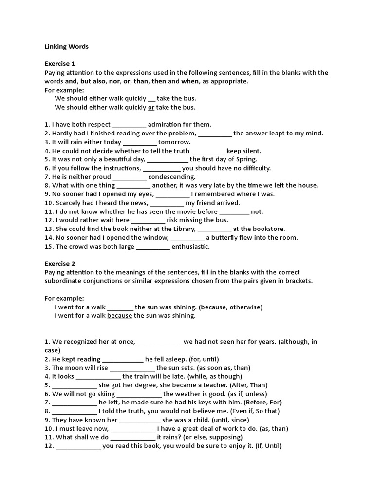 Linking Words Exercises Pdf