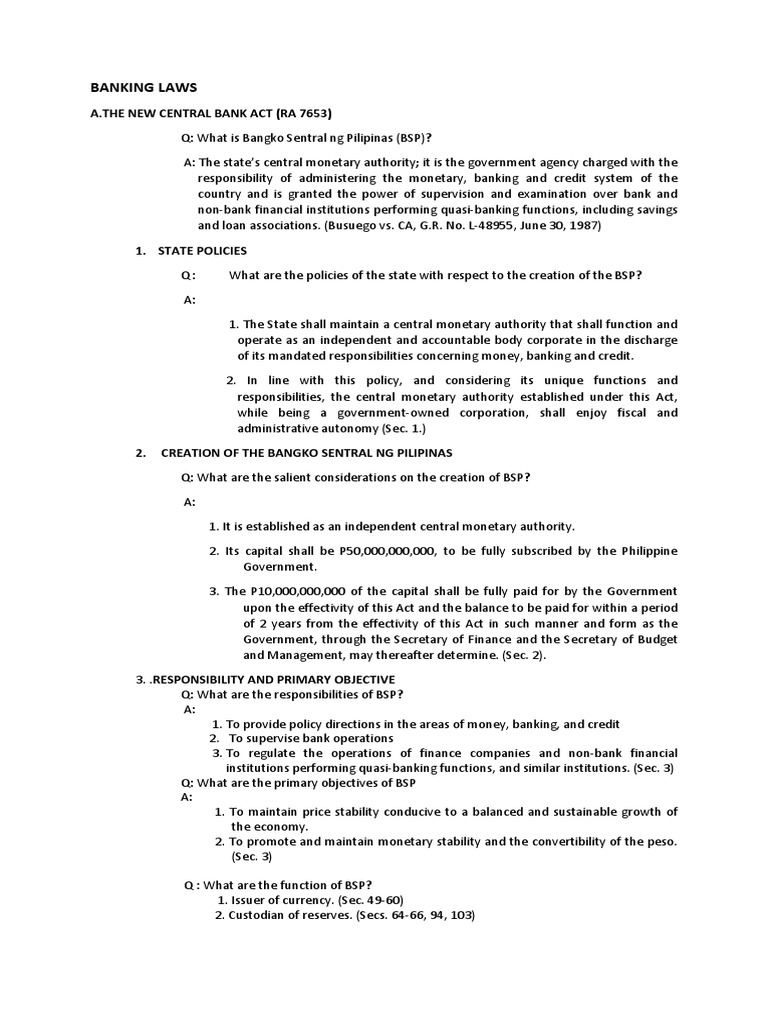 Banking Laws A.The New Central Bank Act (Ra 7653) PDF Receivership