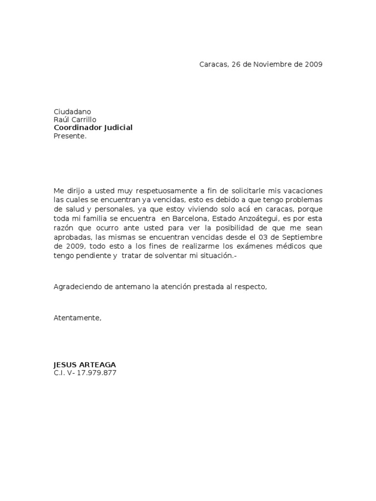 CARTA SOLICITUD VACACIONES