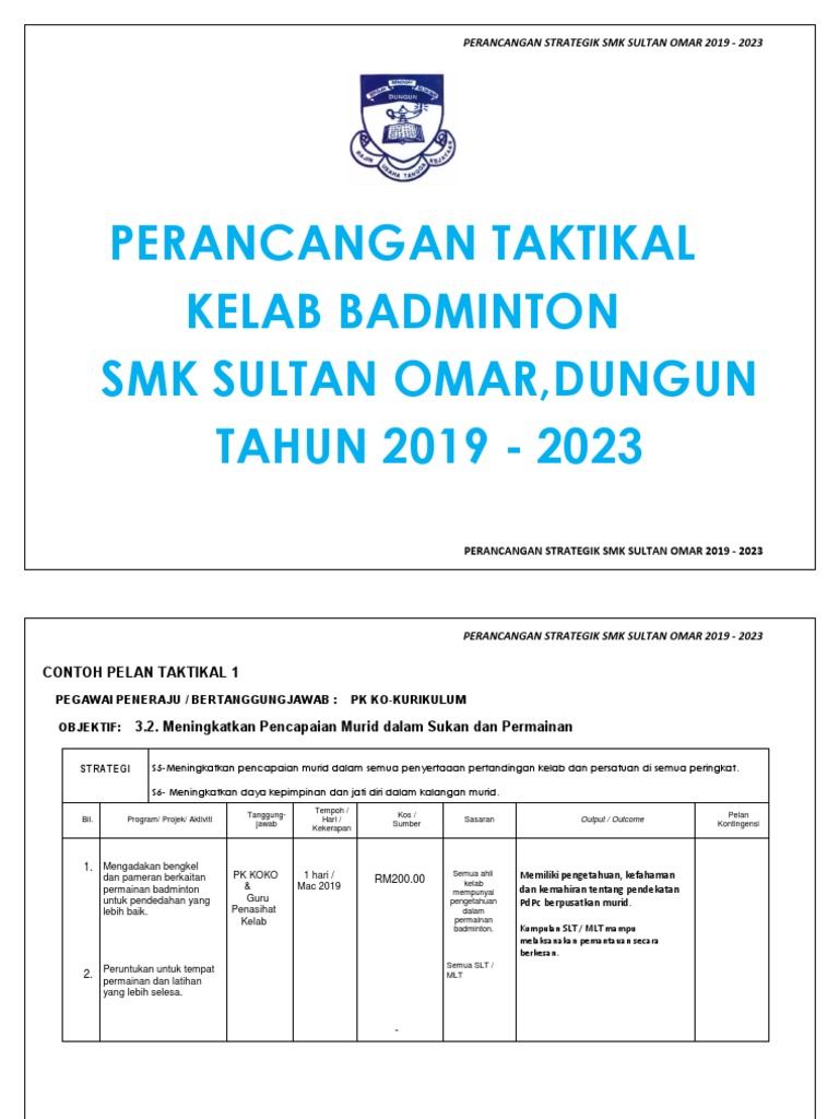 Pelan Taktikal Kelab Badminton 2019 2023 Pdf