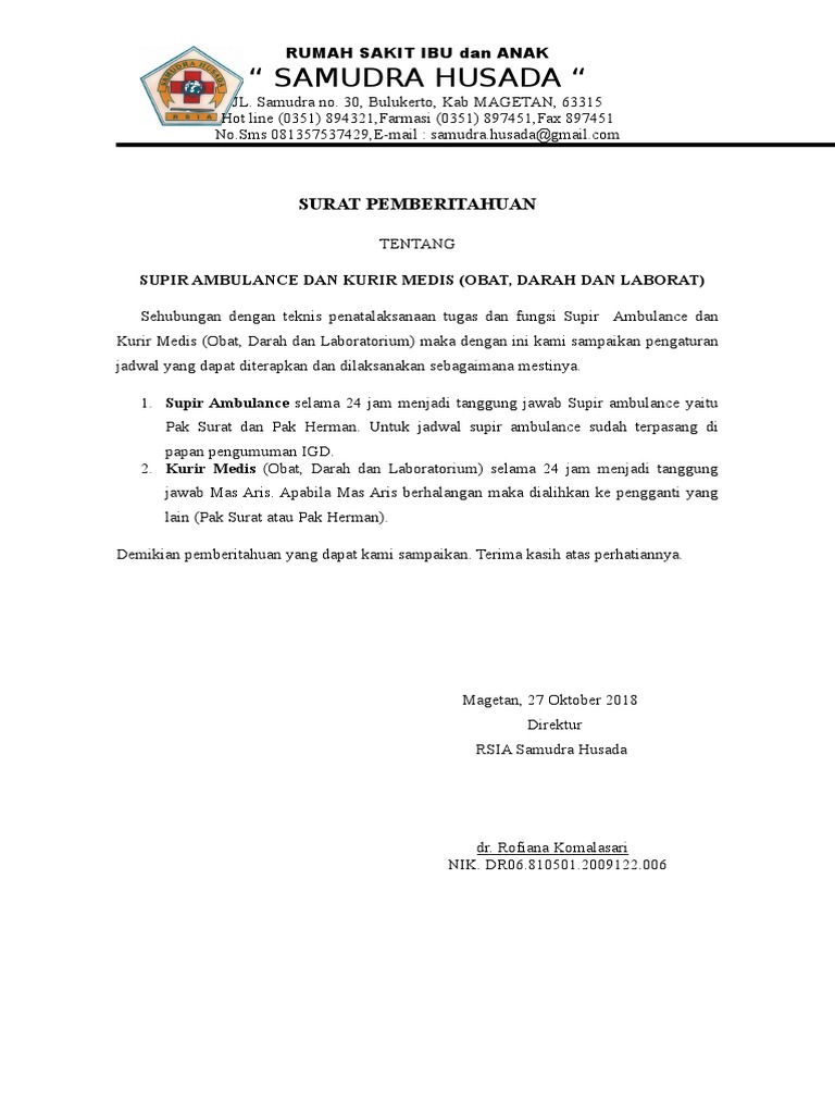 Surat Pemberitahuan Supir Ambulan Dan Kurir Medis