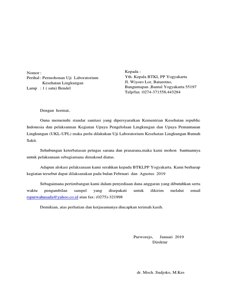 Surat Permohonan Uji Laboratorium Kesling Bbtkl