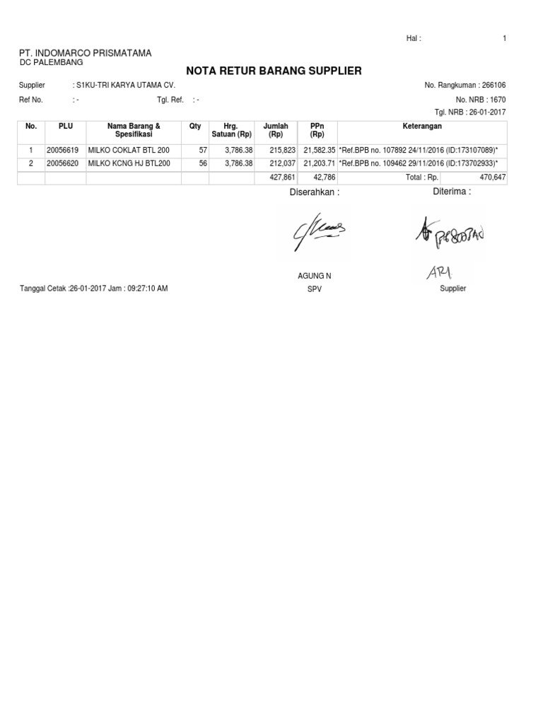 Nota Retur Barang Supplier: Pt. Indomarco Prismatama | PDF