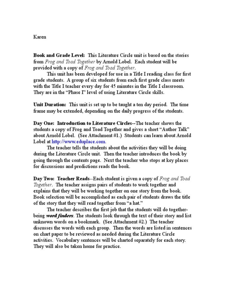 Frog and Toad Literature Circle Unit | PDF | Learning | Behavior ...
