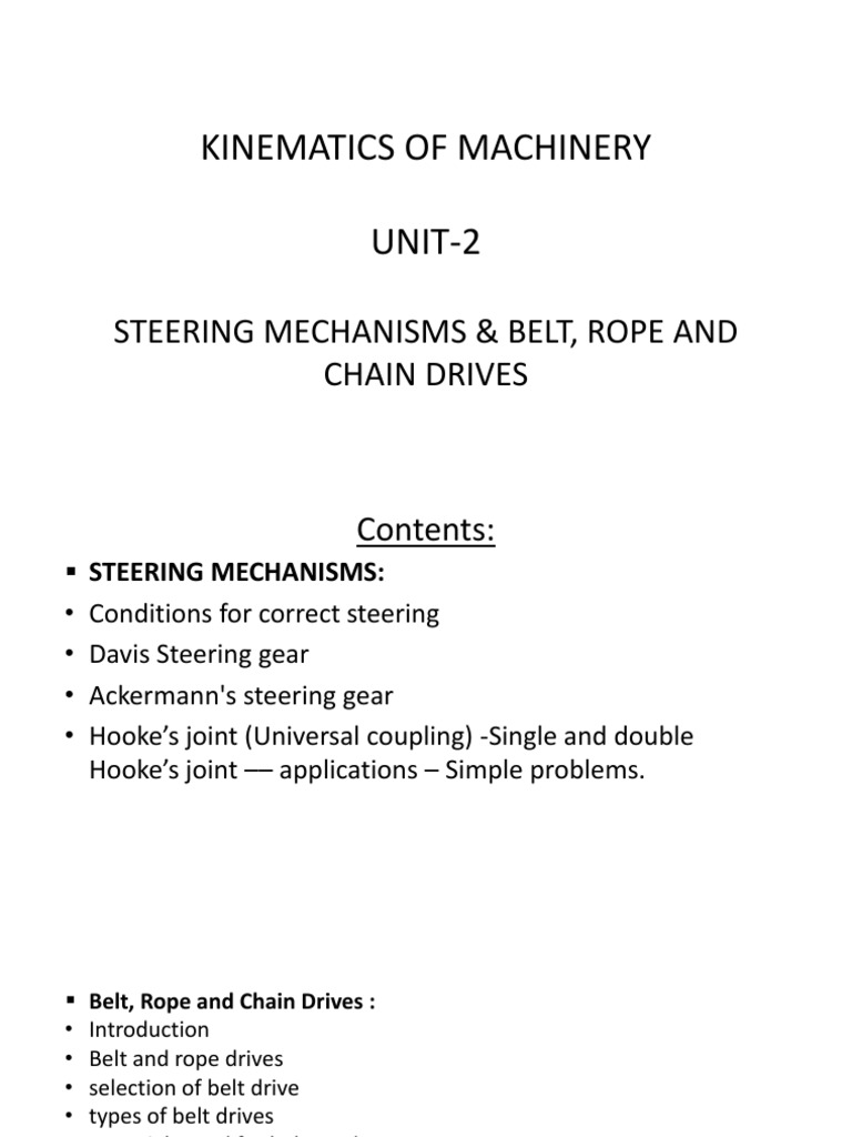 Kinematics of Machinery UNIT2 Steering Mechanisms & Belt, Rope and