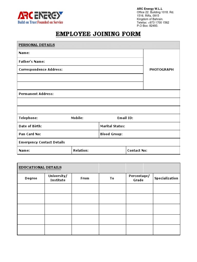 Employee Joining Form PDF