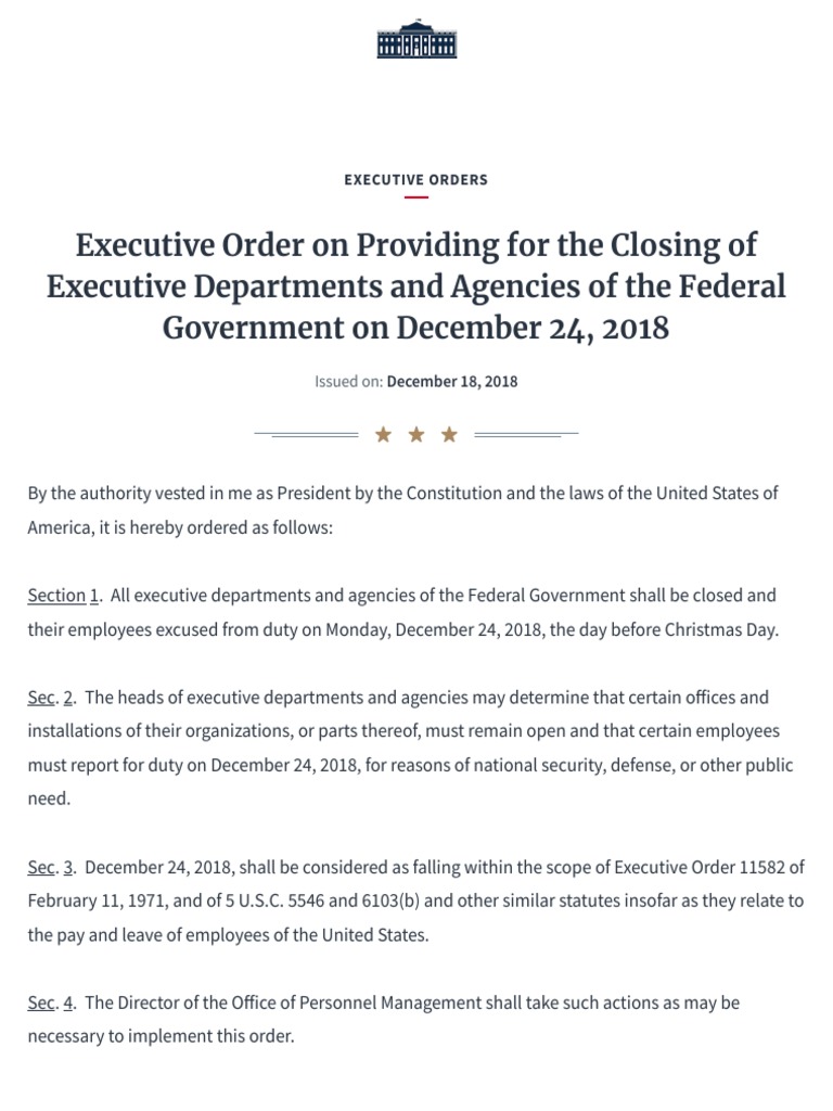Executive Order Providing For The Closing of Executive Departments and ...