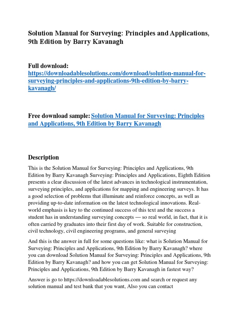 Solution Manual for Surveying Principles and Applications, 9th Edition by  Barry Kavanagh | Diabetes Mellitus Type 2 | Medical Imaging.