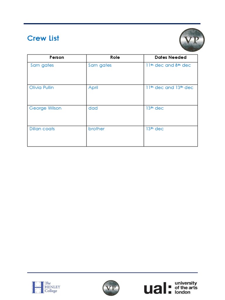 Crew List for December Events | PDF