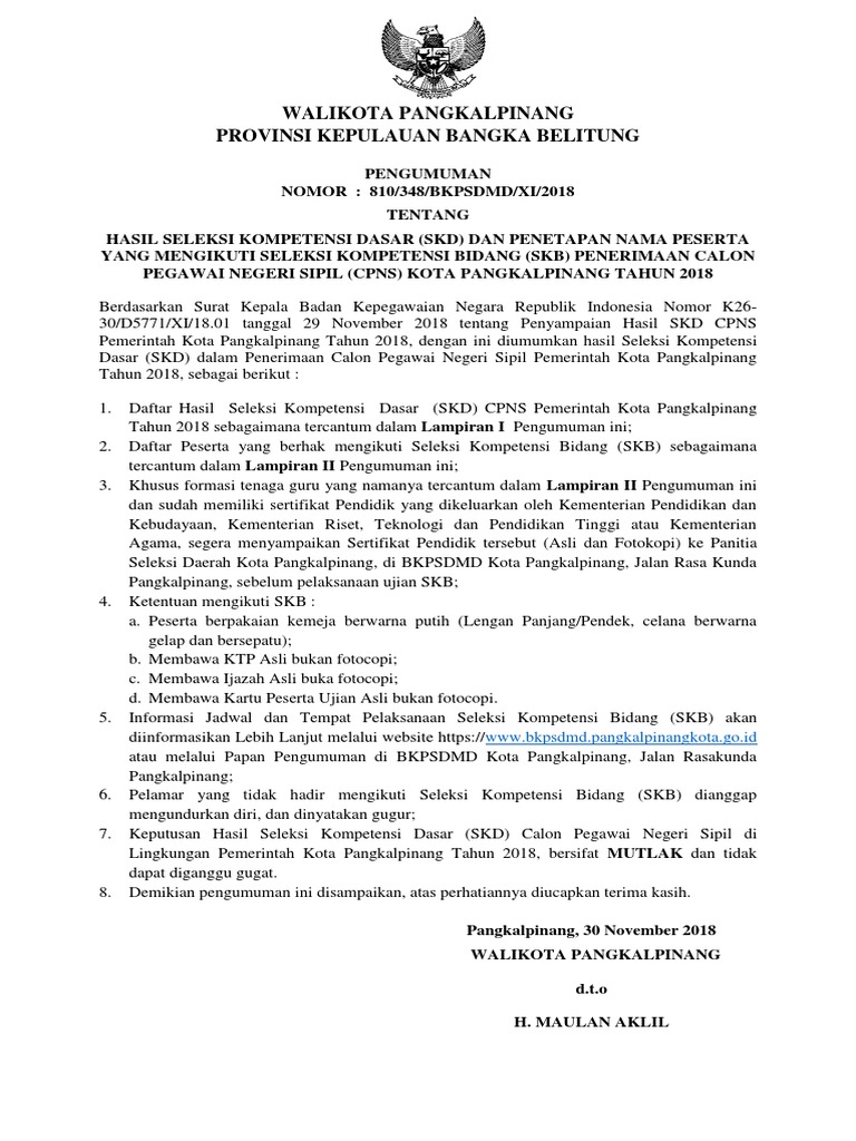 Contoh Pengumuman SKD CPNS 2018 PDF