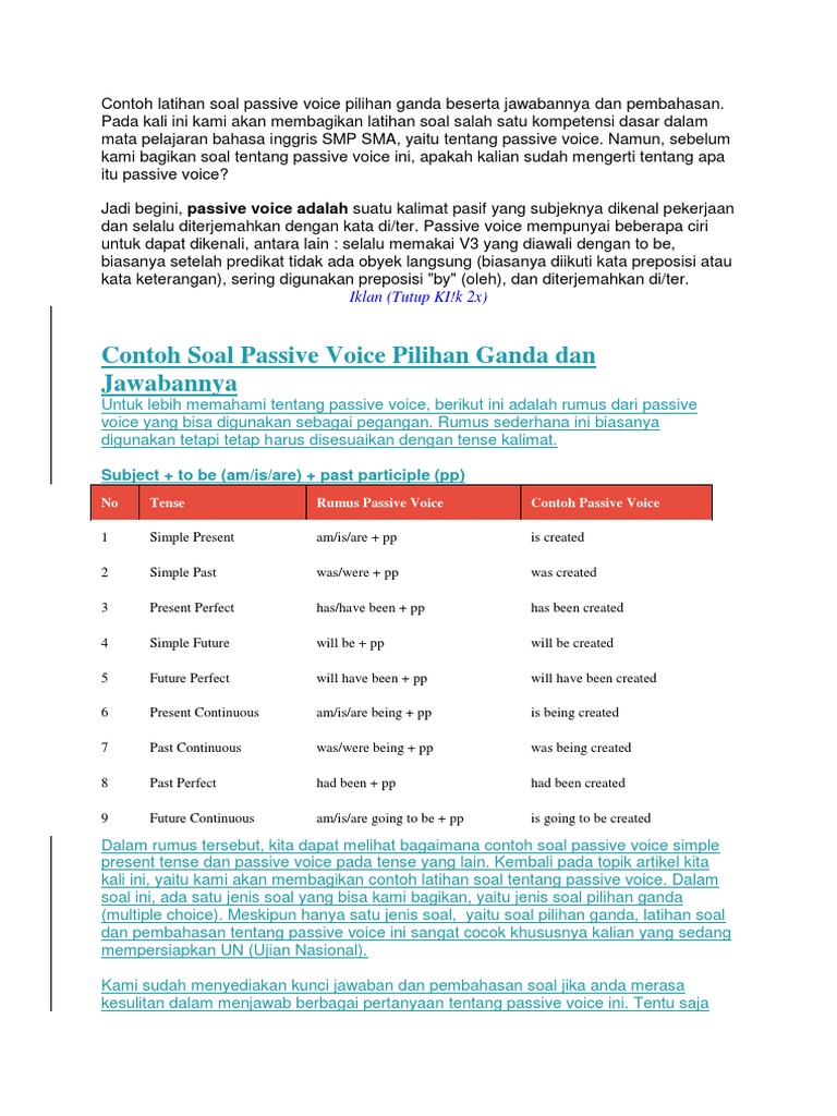 Contoh Soal Passive Voice