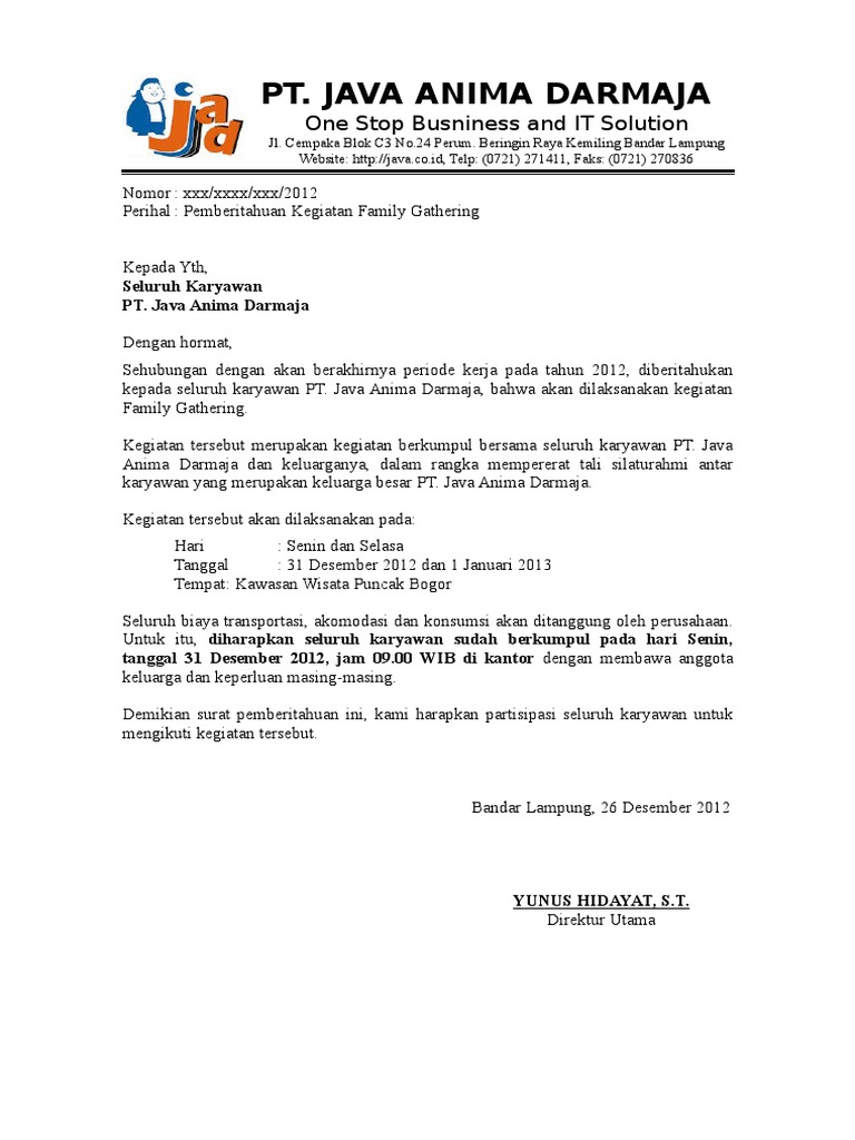 Contoh Surat Pemberitahuan Kegiatan Family Gathering Pdf