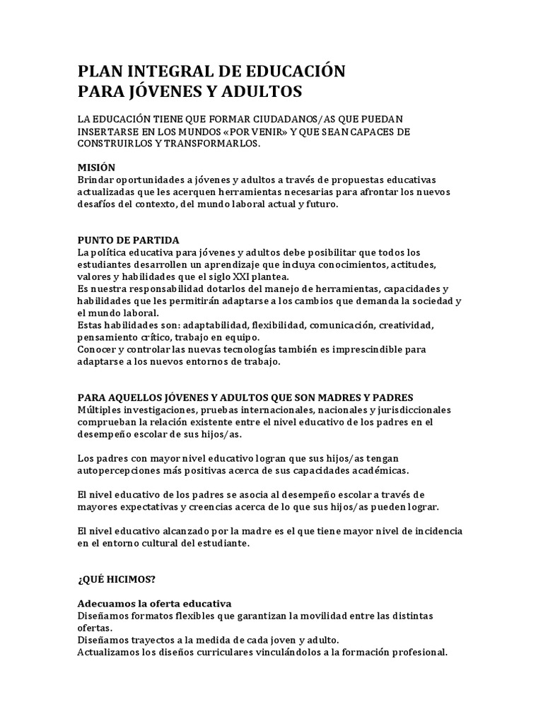 Plan Integral de Educación para Adultos | PDF | Adultos | Educación ...