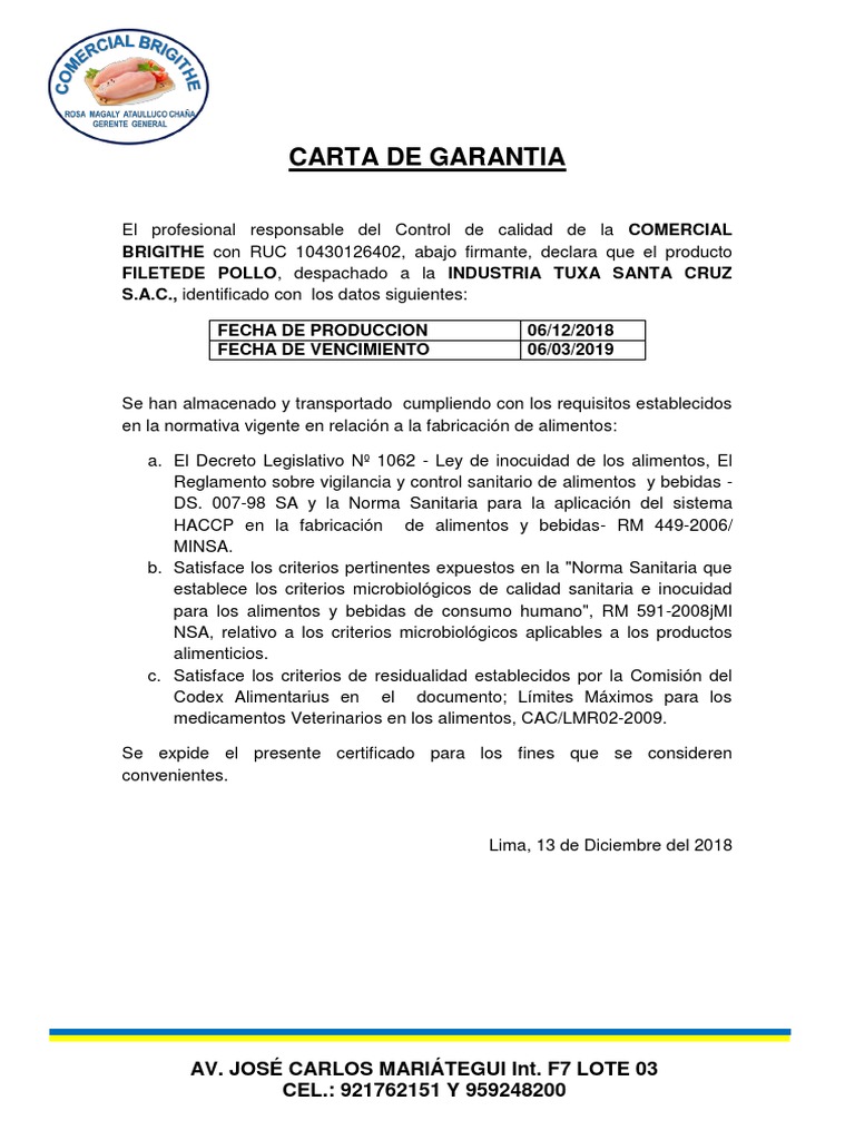 Carta de Garantia  Certificado de Calidad Comercial Brigithe