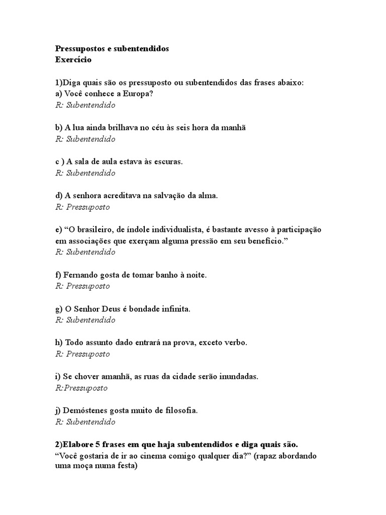 Exercícios sobre Pressupostos e Subentendidos | PDF
