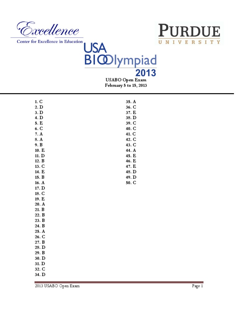 2013 USABO Open Exam Answers PDF PDF