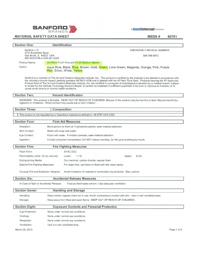 Uni Paint Marker PX20MSDS PDF