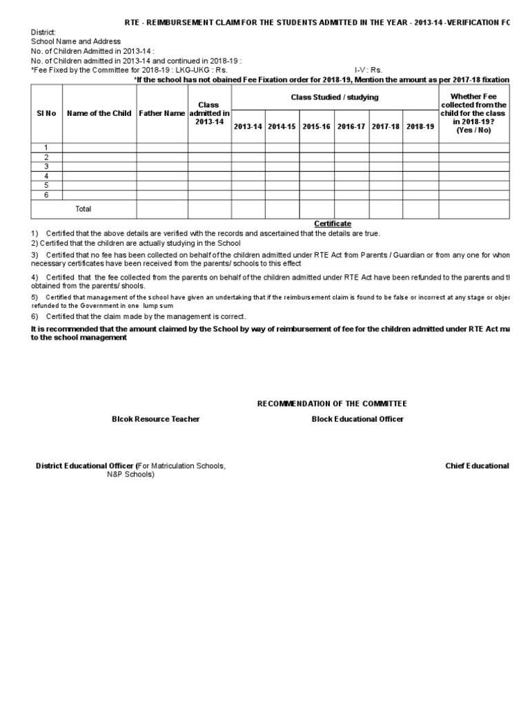 RTE Reimbursement Claim Verification Form | PDF | Government | Business