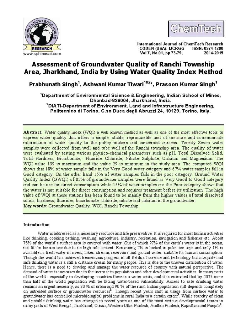 Assessment of Groundwater Quality of Ranchi Township PDF | PDF | Water ...