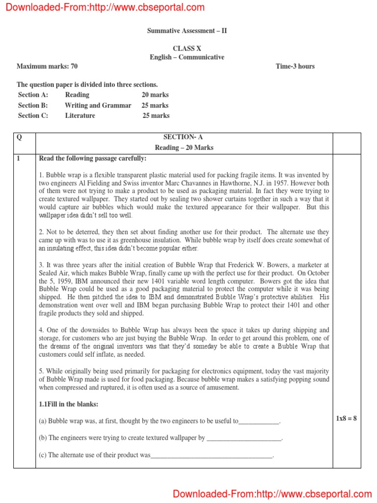 Cbse Class 10 Sample Paper Of English Communicative 2016 17 Pdf