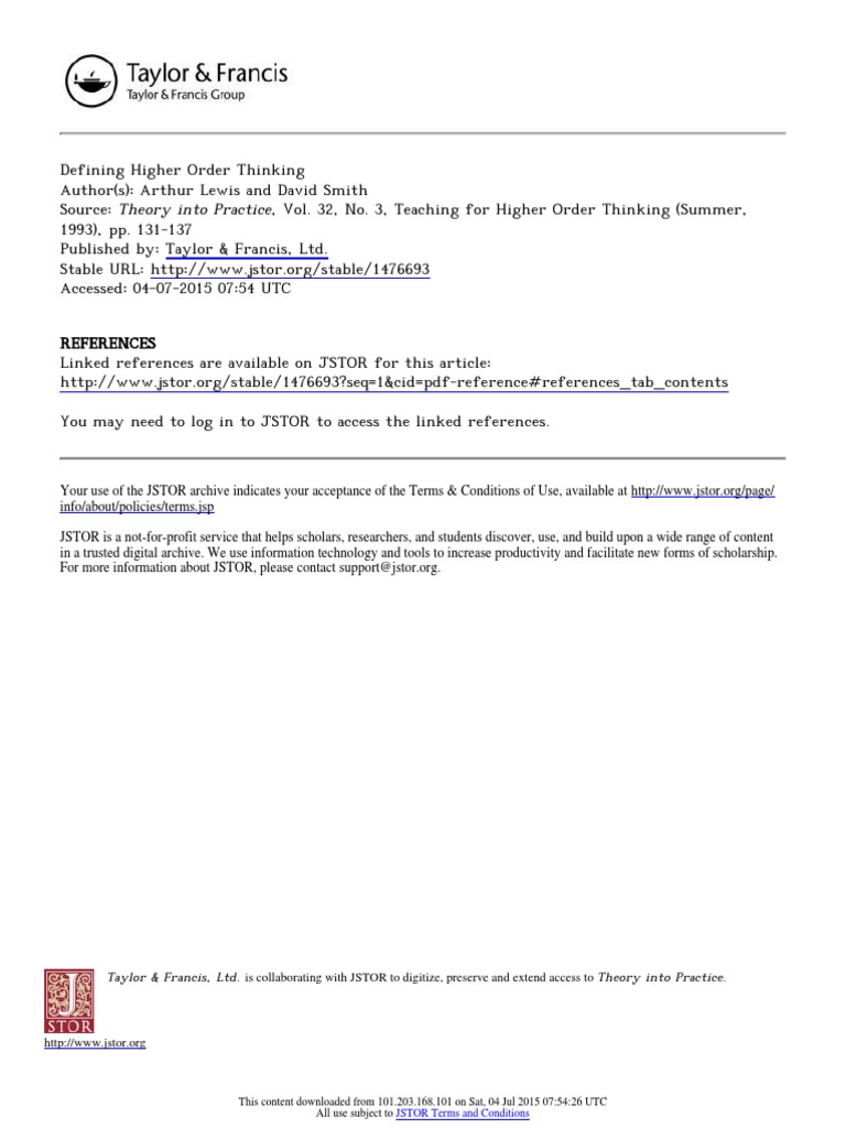Defining Higher Order Thinking PDF | PDF | Critical Thinking | Thought