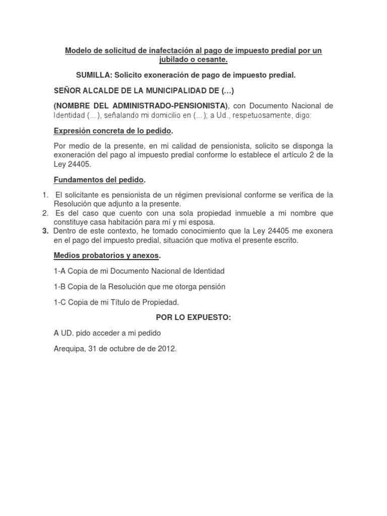 Modelo de Solicitud de Inafectación Al Pago de Impuesto