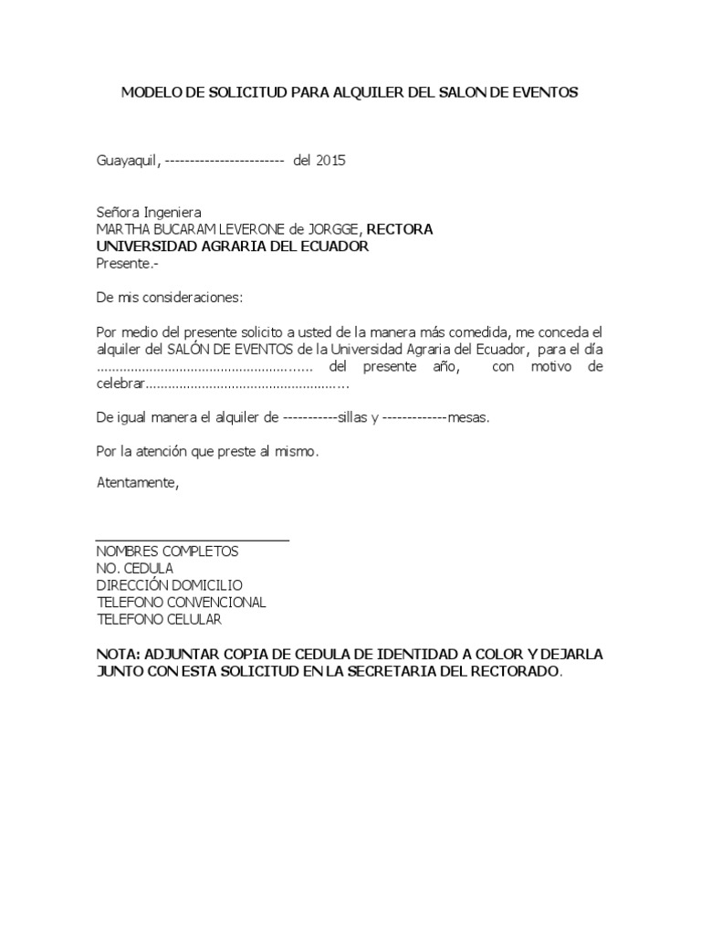 Solicitud para Alquiler Del Salon de Eventos PDF | PDF | Tecnología