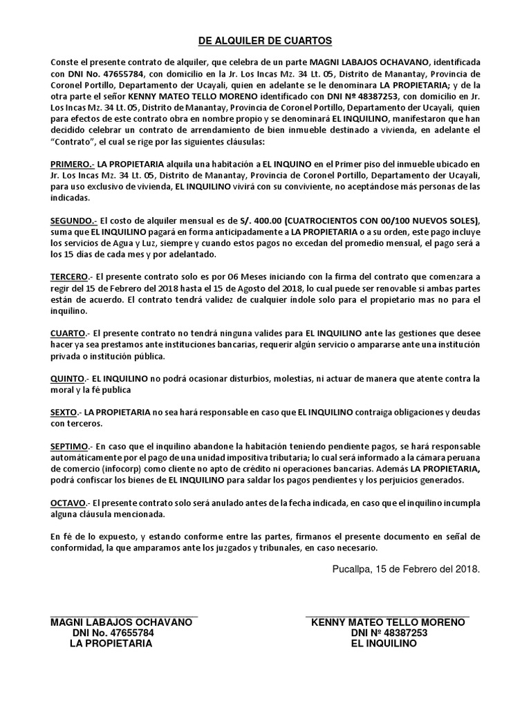 Contrato de Alquiler de Cuartos | PDF | Alquiler | Perú