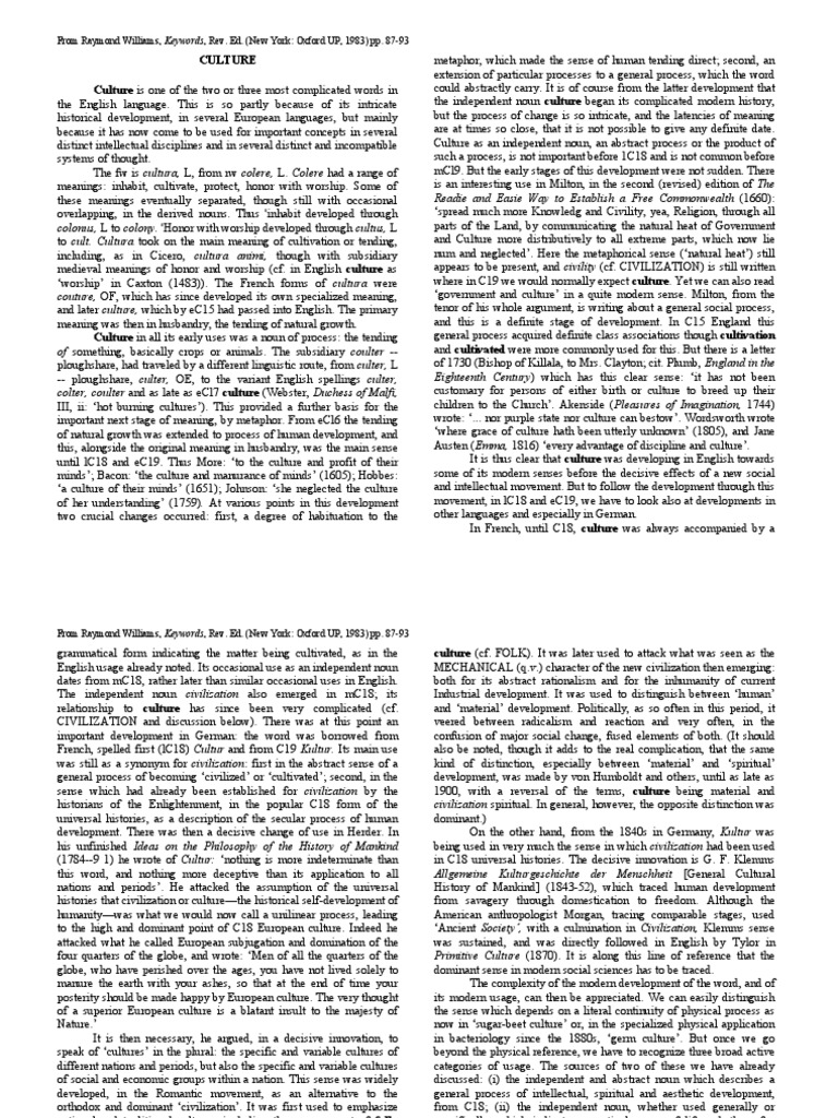 Raymond Williams Culture, From KeywordsRaymond Williams Culture, From Keywords