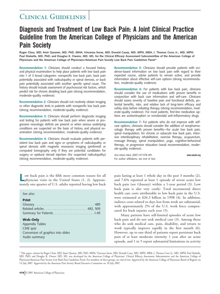 Low Back Pain Diagnosis & Treatment Guidelines | PDF | Back Pain | Low ...