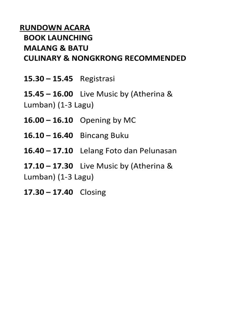 Rundown Acara Launching Buku Kuliner | PDF