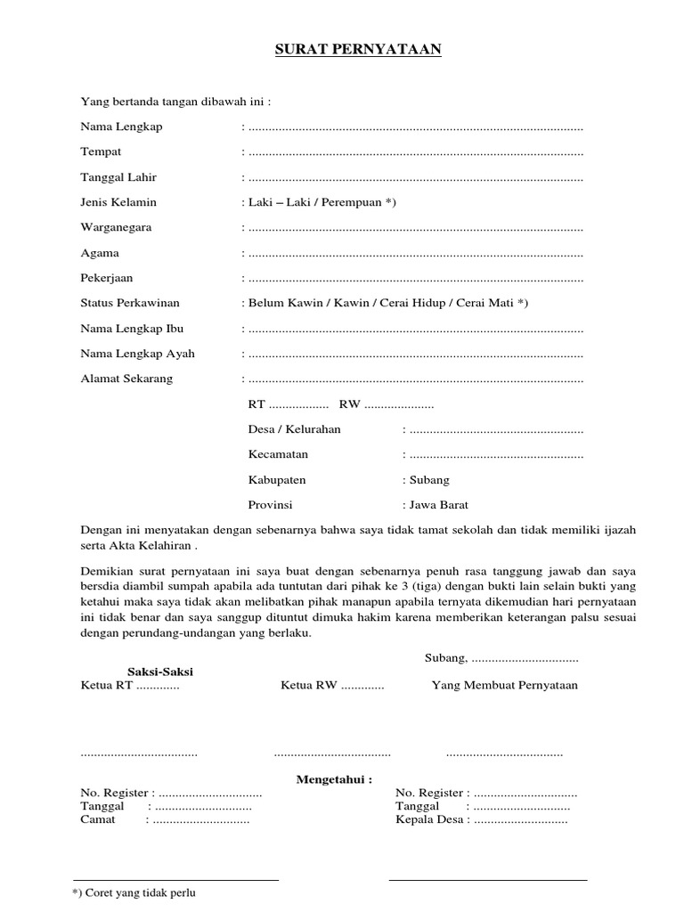 Surat Pernyataan Tidak Ijazah Dan Akte Kelahiran Pdf