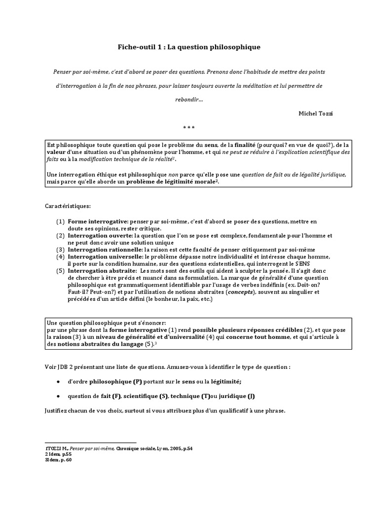Fiche Outil 1 La Question Philosophique Raison Metaphysique