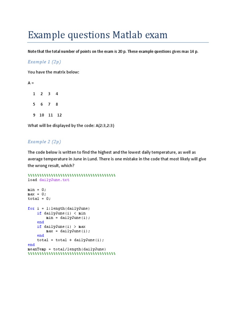 Example Questions Matlab Exam | Download Free PDF | Boolean Data Type ...