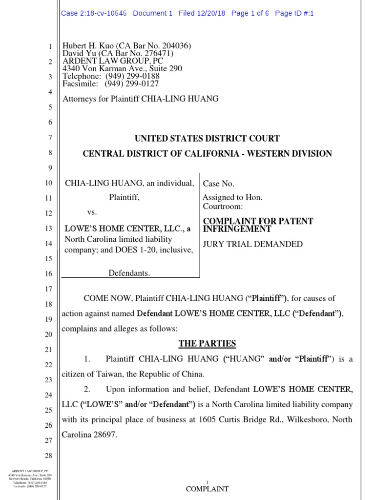 Huang v. Lowe's Home Center Complaint PDF Complaint Damages