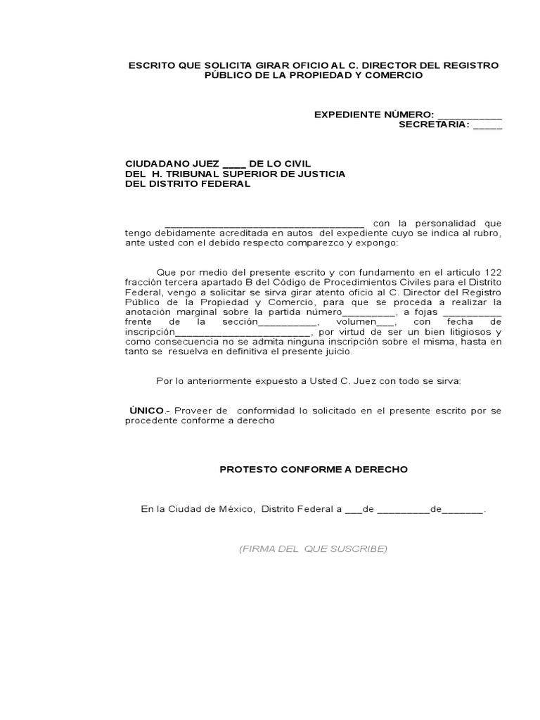 escrito Que Solicita Girar Oficio Al c. Director Del Registro Público de La Propiedad y Comercio
