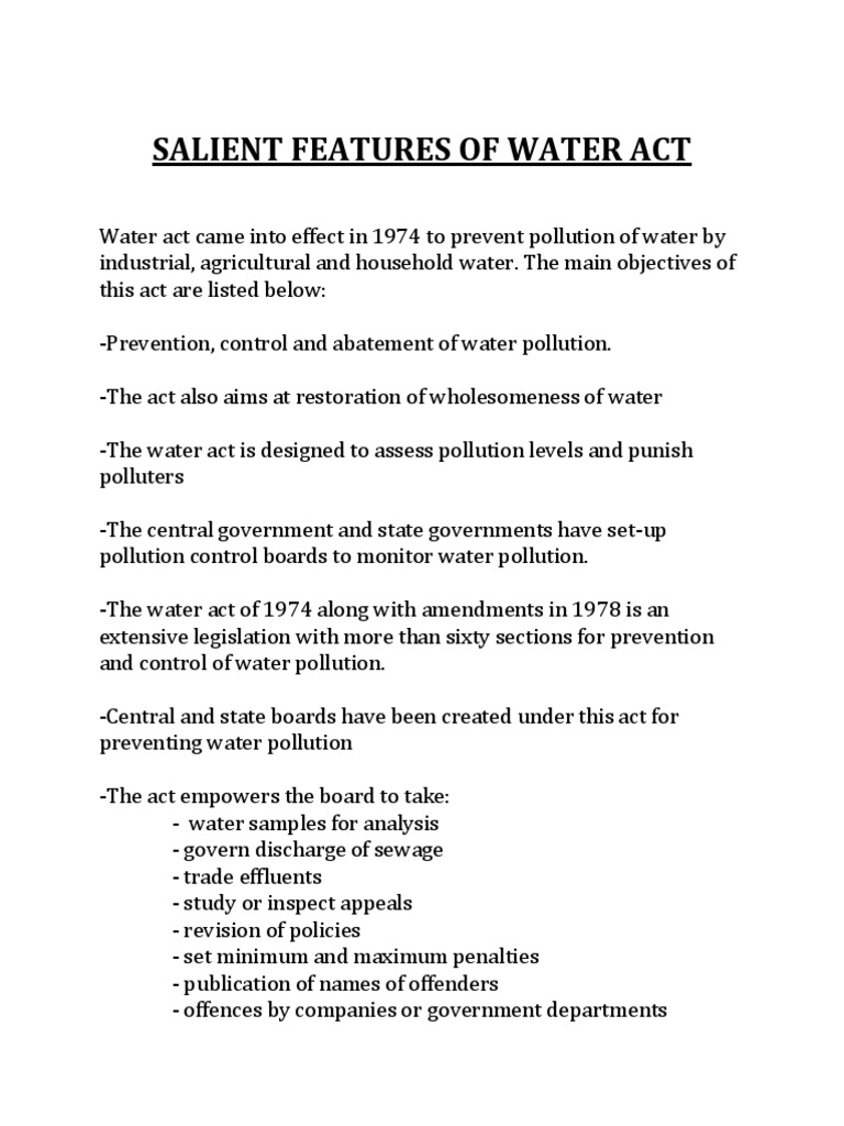 Salient Features Of Water Act PDF Water Pollution Pollution