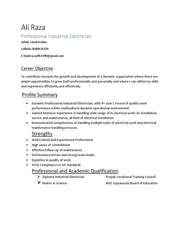 Ali Raza: Professional Industrial Electrician | PDF | Technology ...
