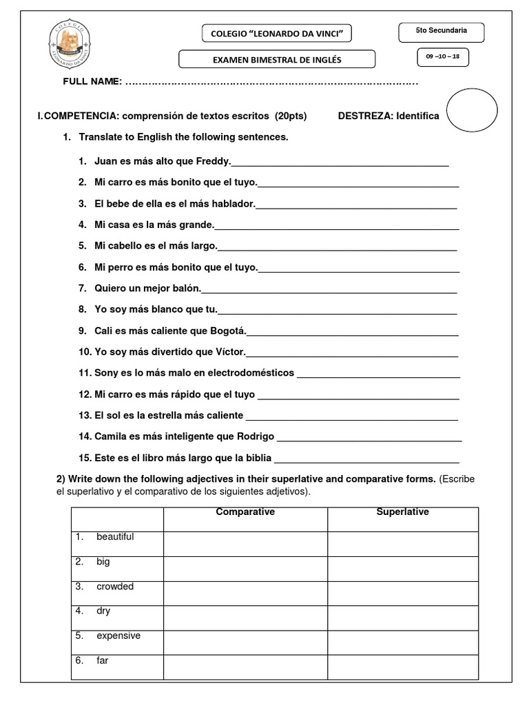 Examen de Ingles Secundaria PDF Filología Artes del lenguaje y