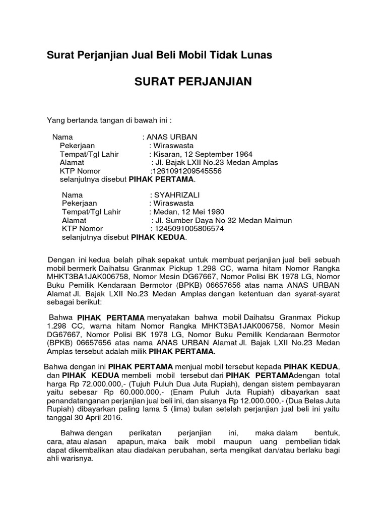 Contoh Surat Perjanjian Jual Beli Mobil | PDF