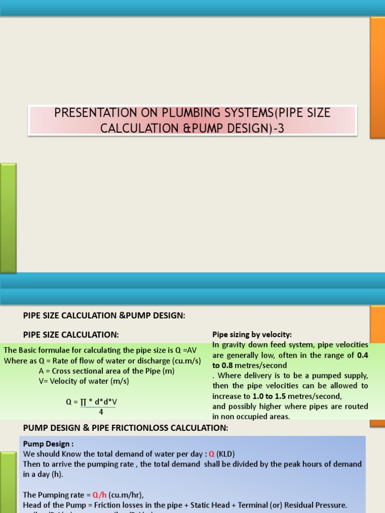 Plumbing Systems 3Pipe Size Calculation Pump Design PDF Pump
