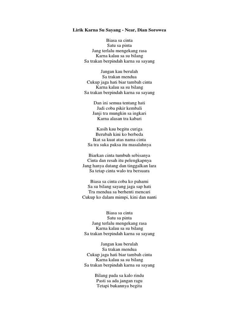 Lirik Karna Su Sayang Dian sorowea aviwkila cover lirik lagu dan arti terjemahan bahasa. lirik karna su sayang