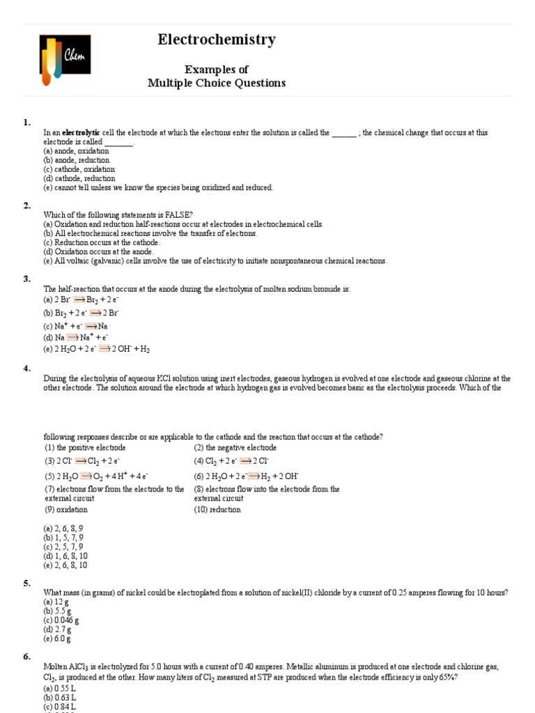 Sample Questions Chapter 15 PDF Electrochemistry Anode
