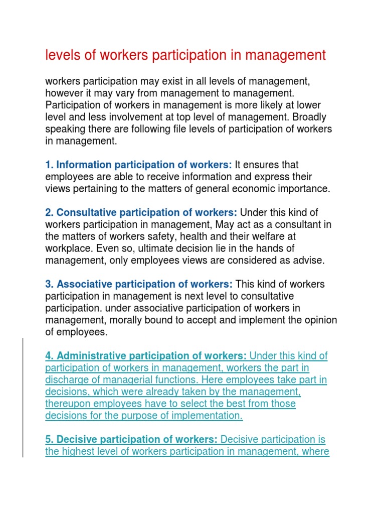 Levels and Forms of Worker Participation | PDF | Employment ...