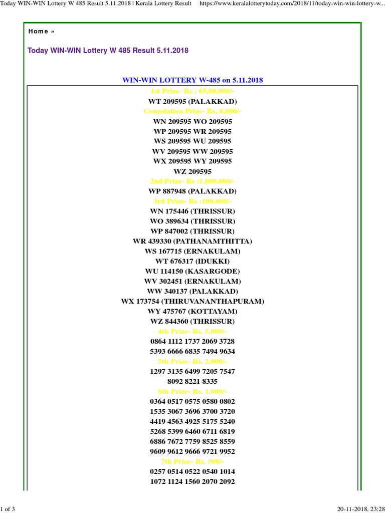 Today WIN-WIN Lottery W 485 Result 5.11.2018 _ Kerala ...