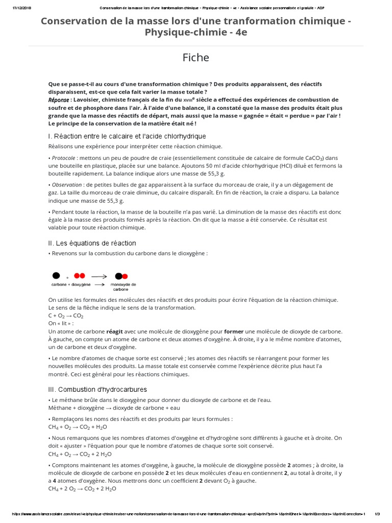 Conservation de La Masse Lors D'une Tranformation Chimique - 4e | PDF ...