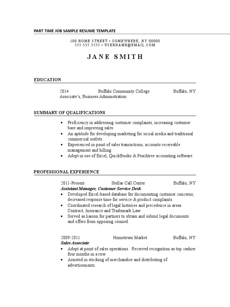 Jane Smith: Part Time Job Sample Resume Template PDF
