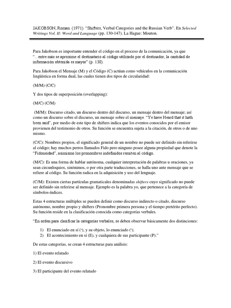 Notas Shifters Verbal Categories and The Russian Verb Roman Jakobson